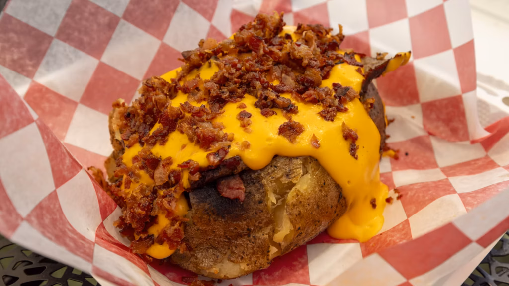 Baked jacket potato with crisp skin and toppings