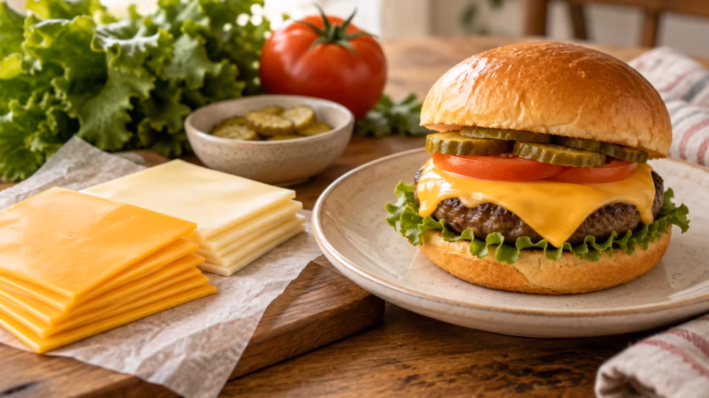Yellow and white American cheese slices beside a homemade burger with a smooth melted slice