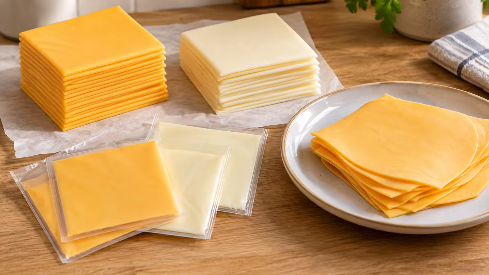 Unbranded American cheese packages showing different generic label terms beside stacked yellow and white slices