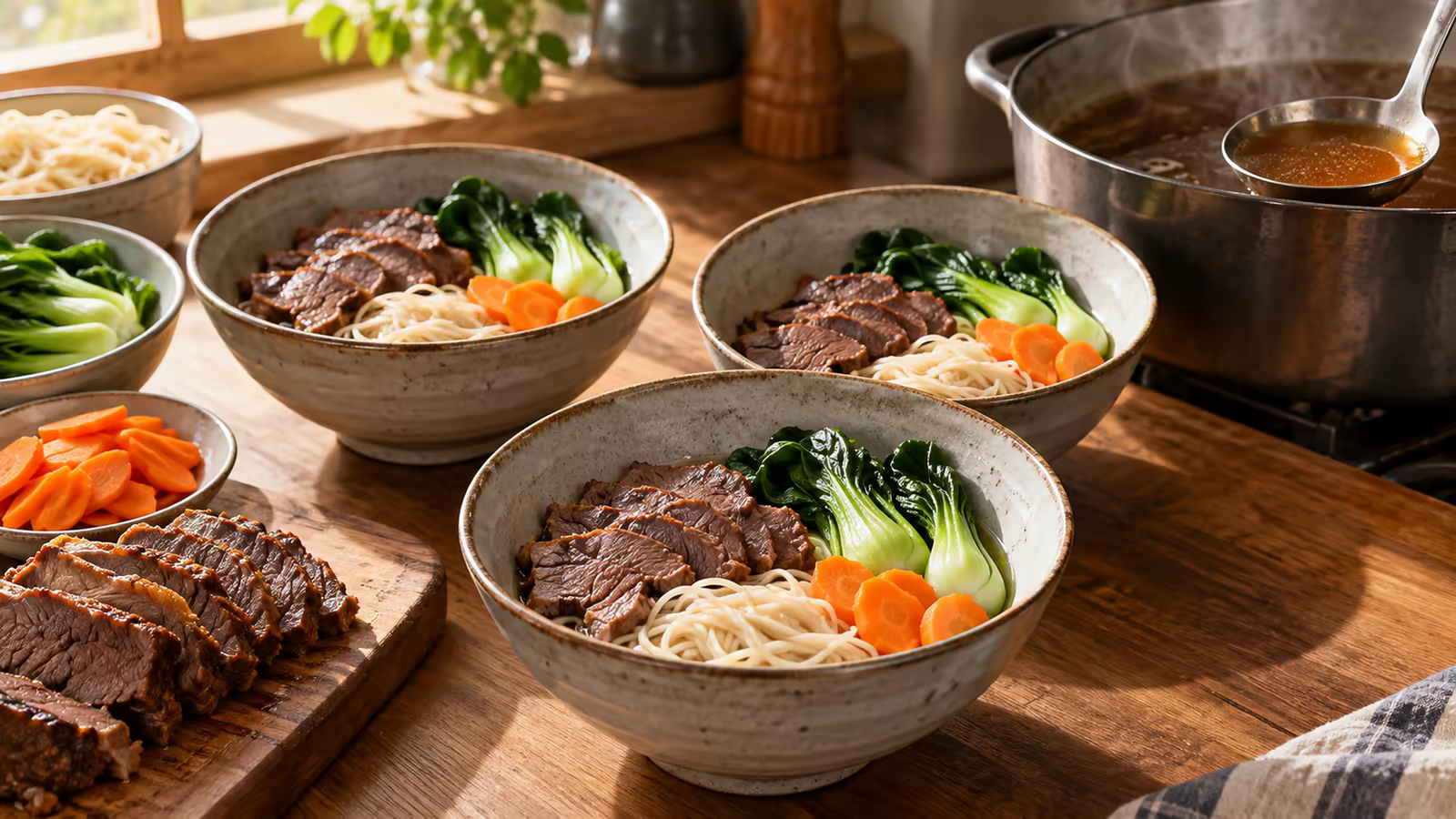 Cooked noodles, tender beef, bok choy, and hot broth being assembled in a bowl