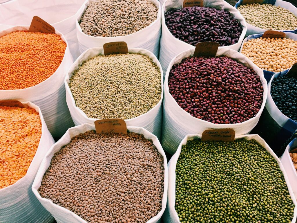 Assorted dried beans and legumes arranged in bowls