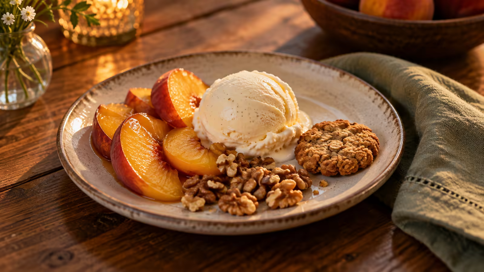 Modest vanilla ice cream scoop served with peaches, walnuts, and a small oat cookie