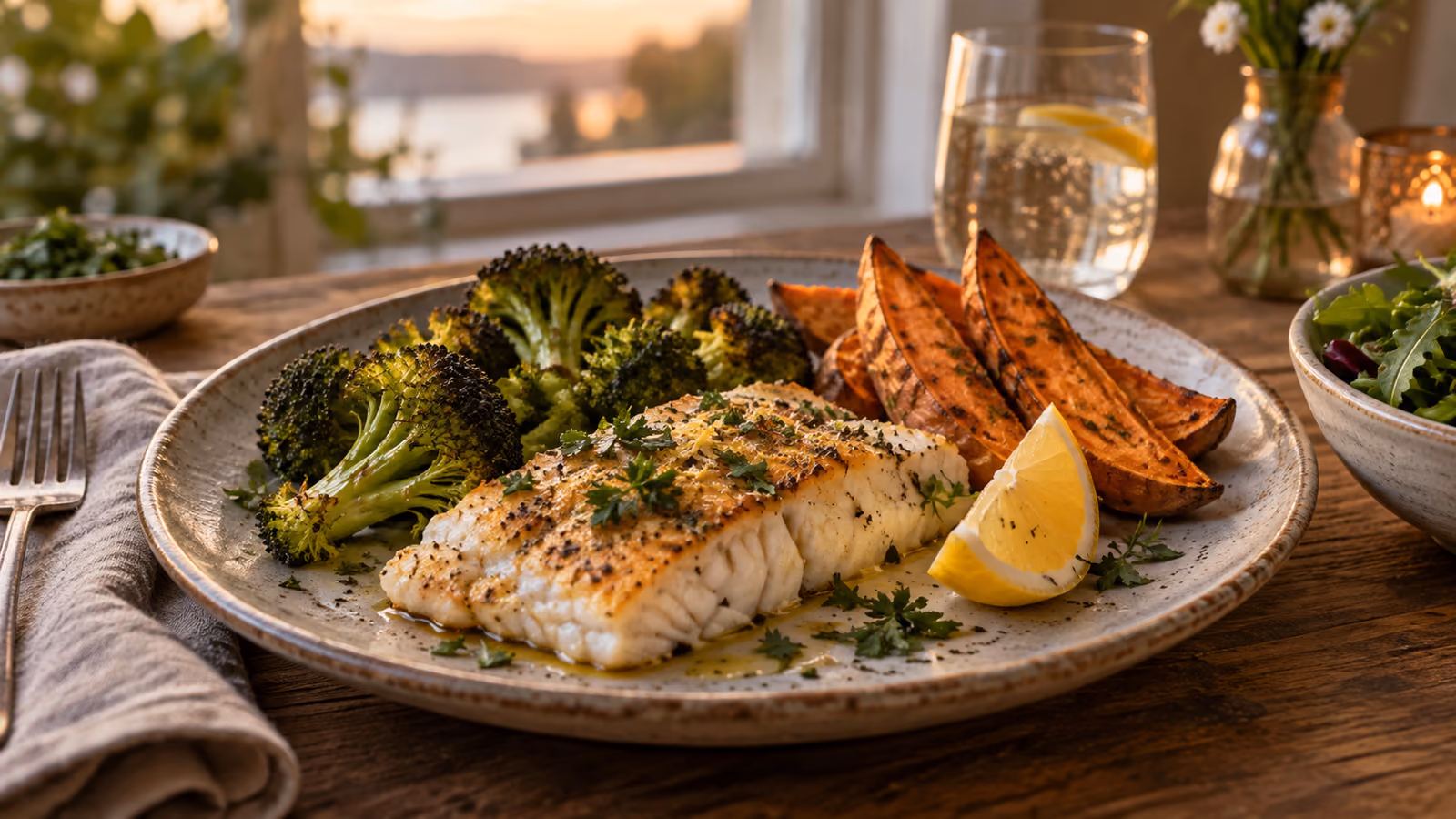 Balanced paleo dinner with baked fish, roasted sweet potato, broccoli, and lemon