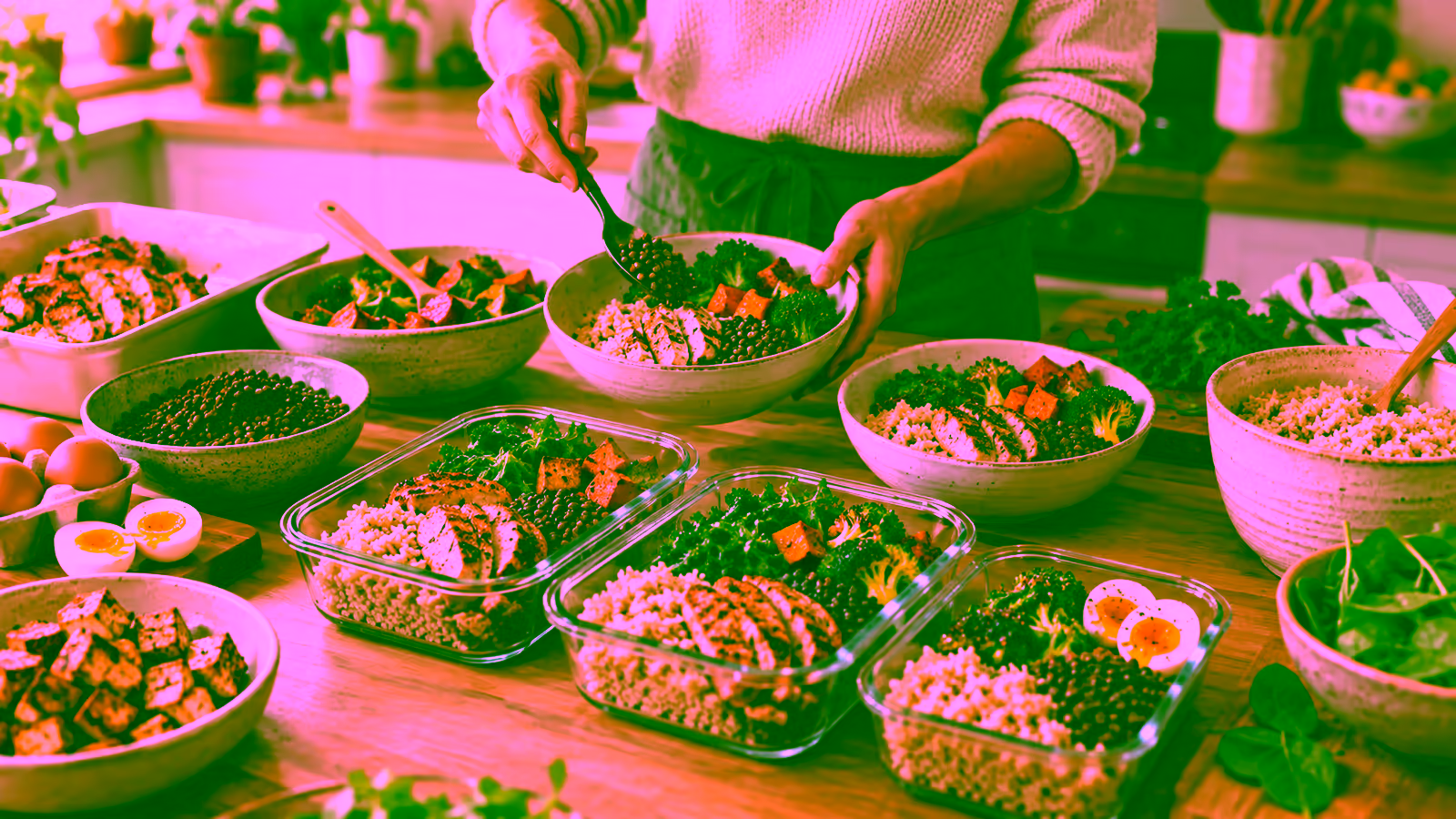 Hands preparing balanced meal containers with beans, eggs, chicken, vegetables, and grains