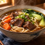 A steaming bowl of beef noodle soup with tender beef, noodles, bok choy, and scallions