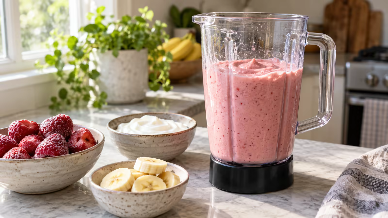 Frozen strawberries, Greek yogurt, and vanilla blending into a creamy pink mixture