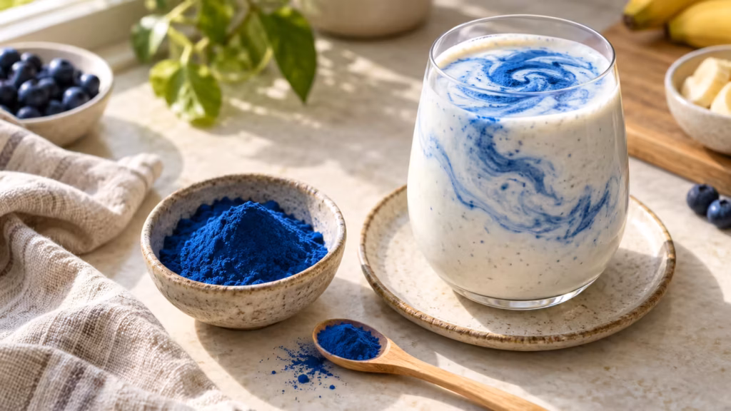 Blue spirulina powder beside a creamy smoothie swirled with vivid blue color