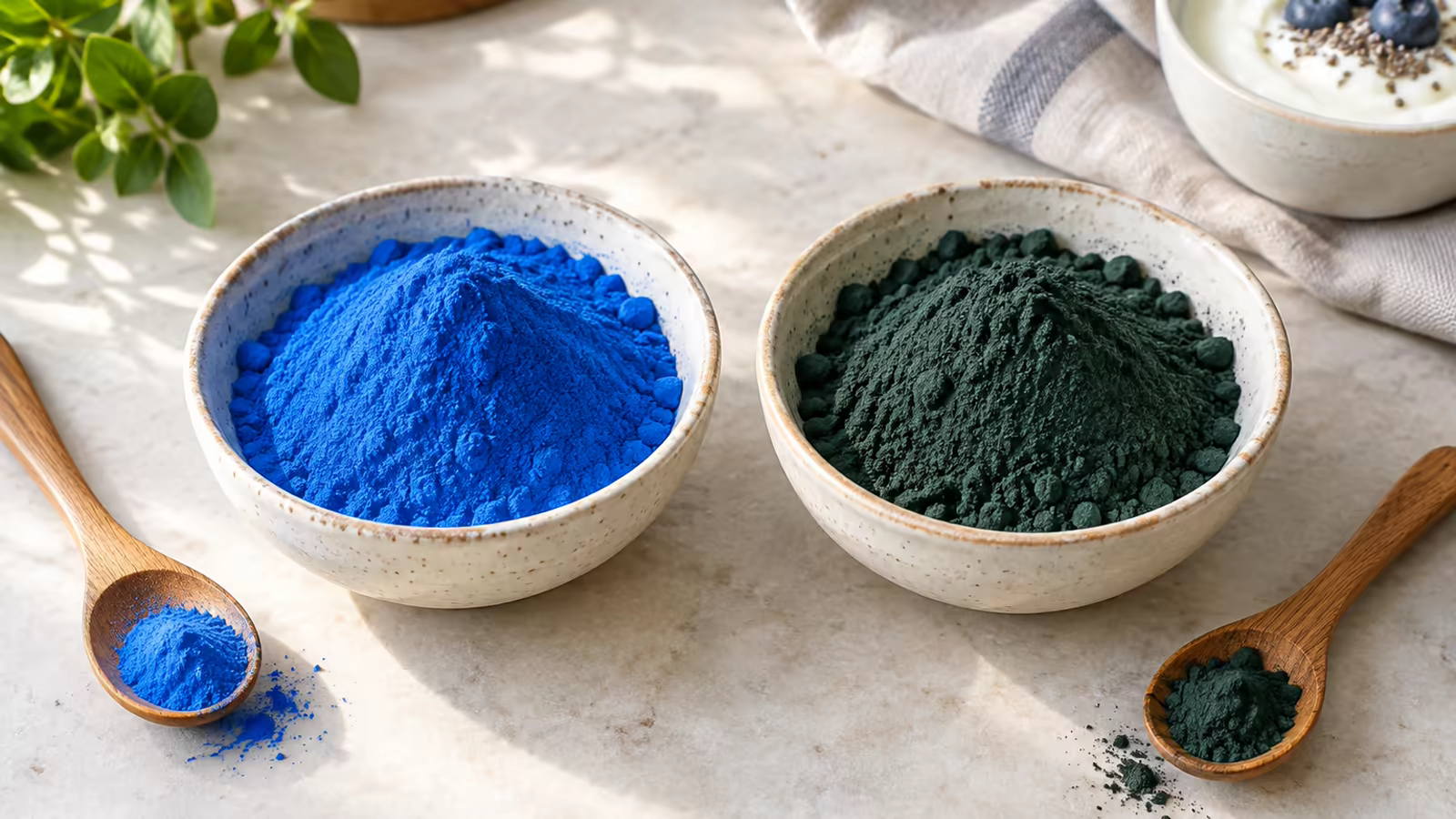 Blue spirulina extract and green whole spirulina powder in separate ceramic bowls beside plain yogurt