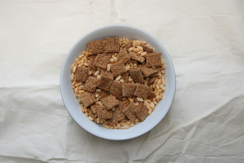 Bowl of crisp rice-style breakfast cereal