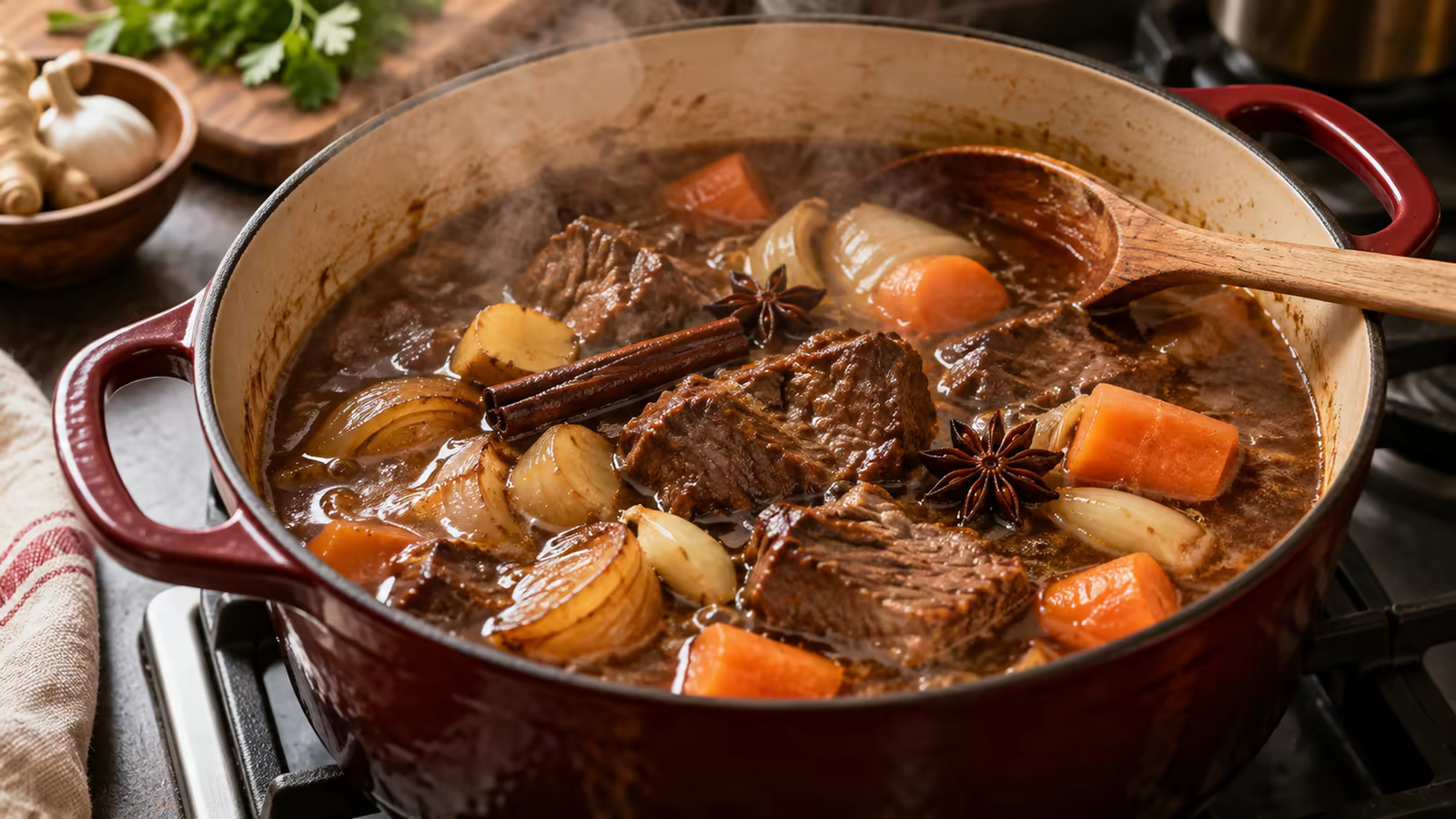Beef chunks braising in an aromatic broth with ginger, garlic, and spices