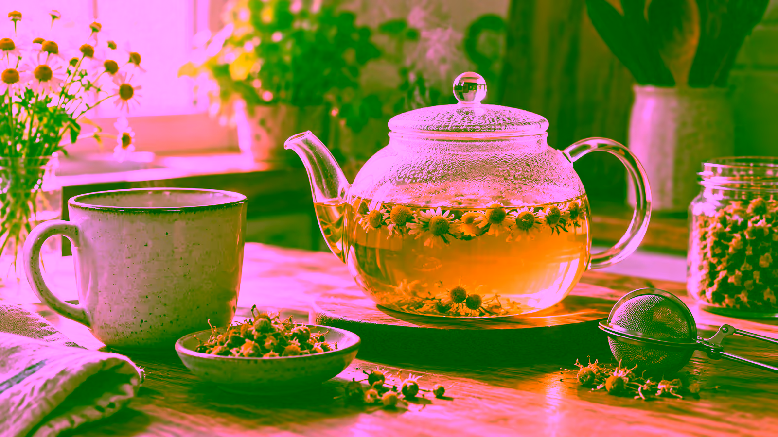 Chamomile flowers steeping in a glass teapot beside a mug and tea infuser