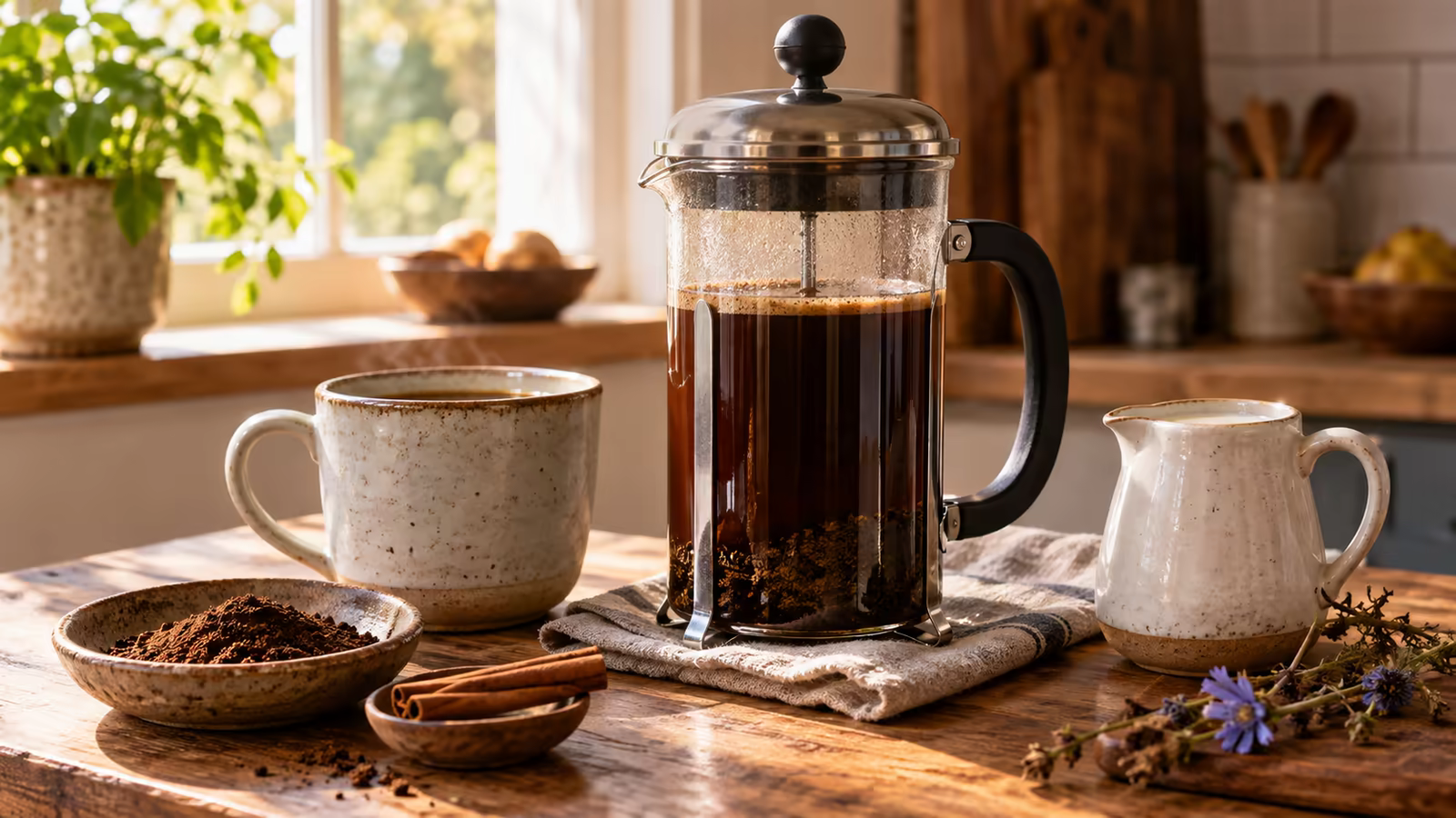 Hot water being poured through ground roasted chicory into a glass coffee pot