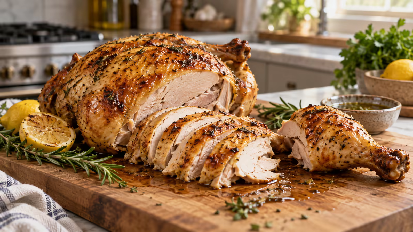 A rested whole roasted chicken being carved on a wooden board