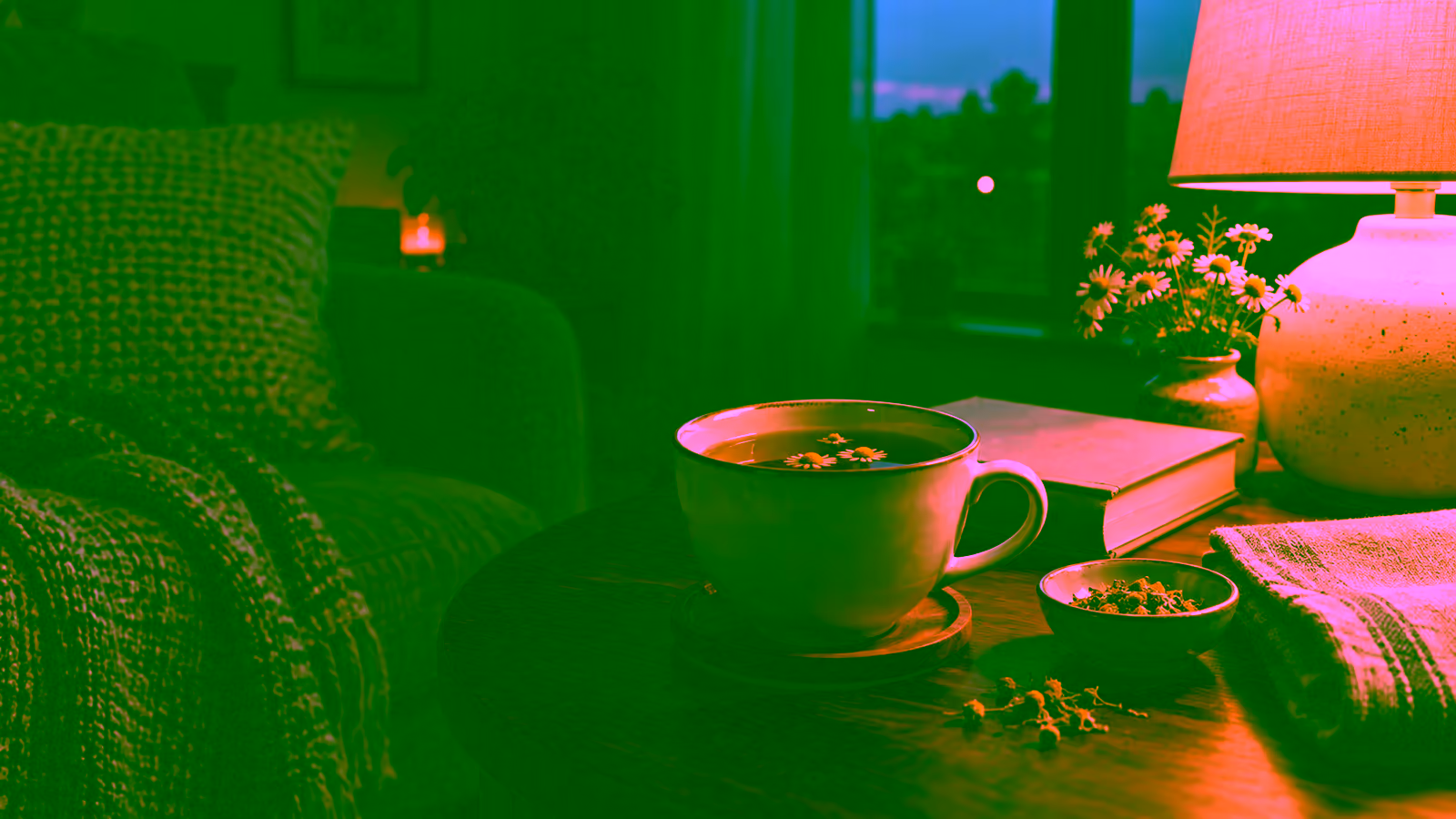 A warm cup of chamomile tea beside a book and soft lamp in a quiet evening setting