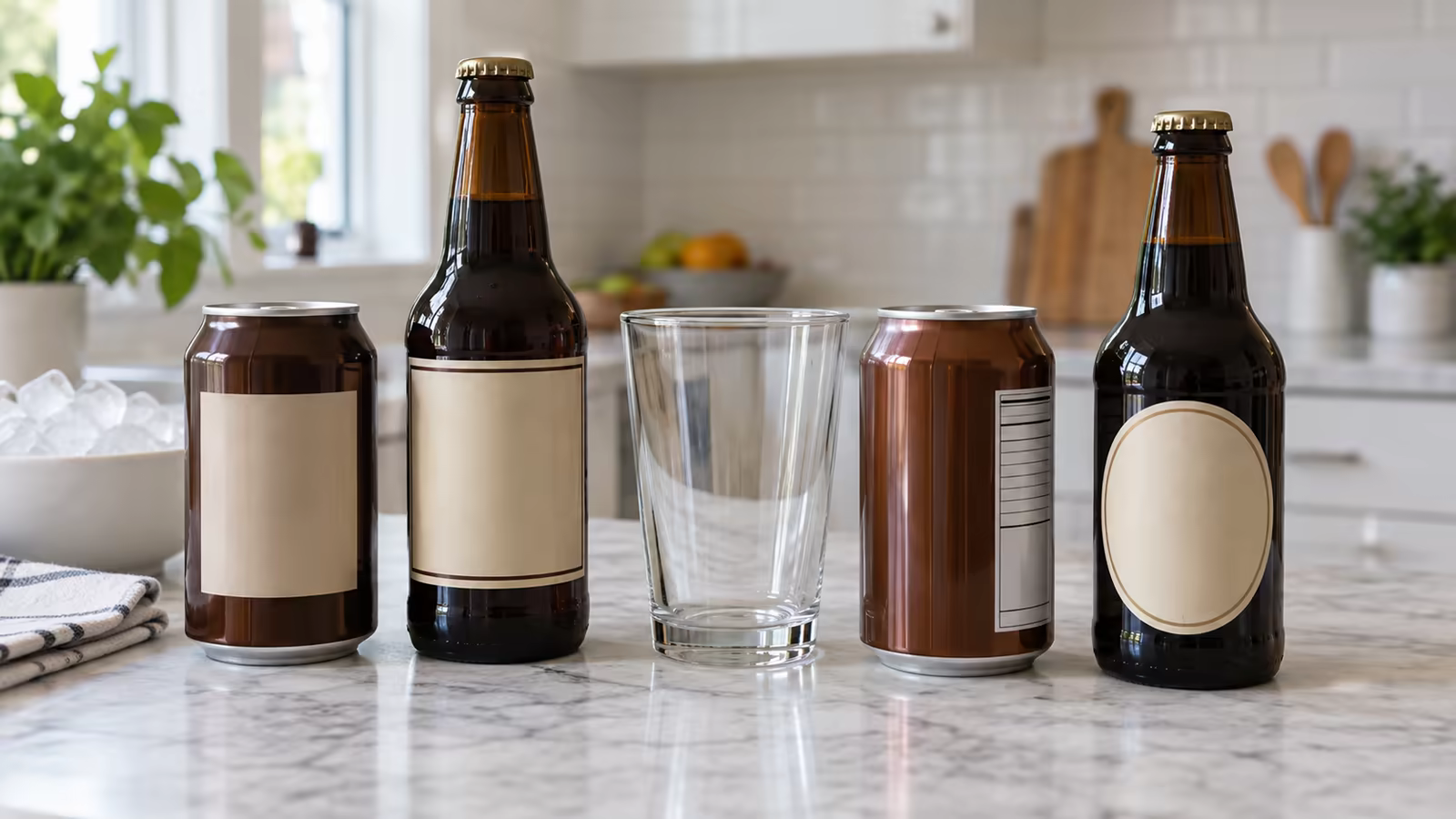 Generic unbranded root beer cans and bottles arranged for checking labels