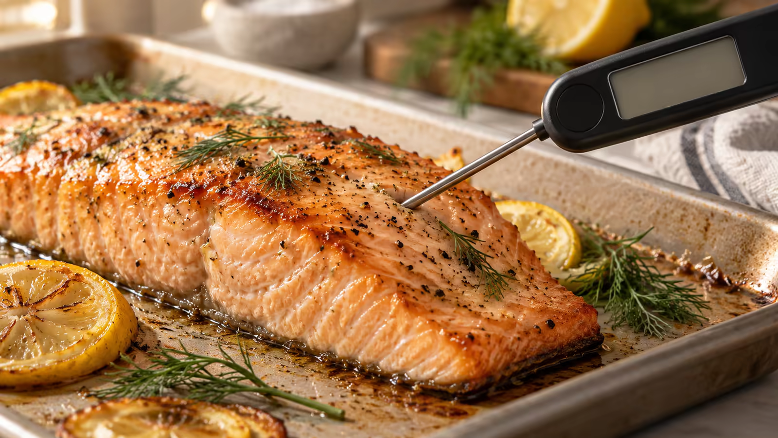 An instant-read thermometer checking the center of an oven-roasted salmon fillet