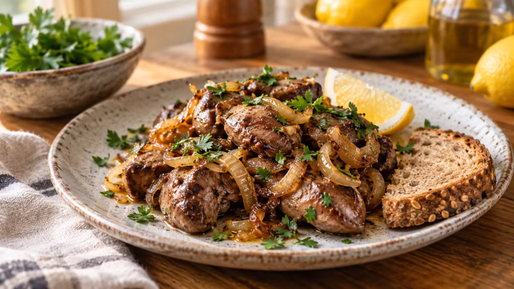 Fully cooked chicken liver with caramelized onions, parsley, lemon, and whole-grain toast