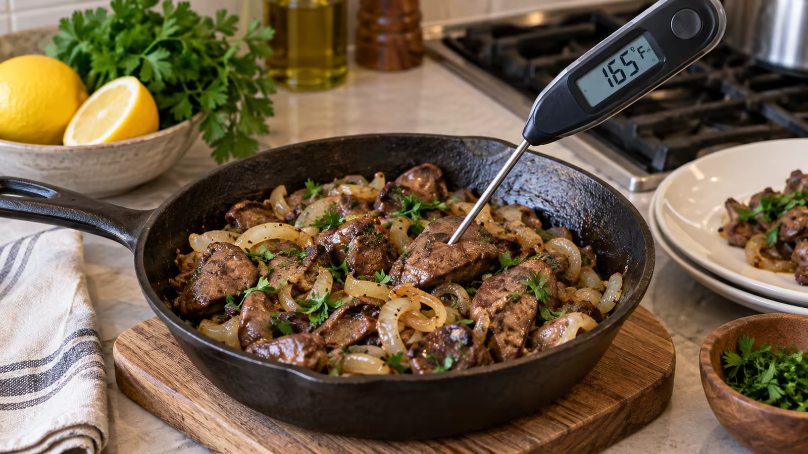 Food thermometer reading 165 degrees Fahrenheit in fully cooked chicken liver
