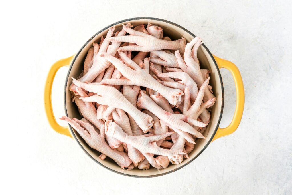 Chicken feet prepared for stock and braising