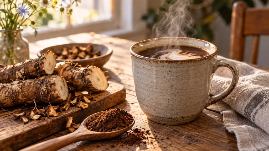 A warm cup of dark chicory coffee with roasted chicory root pieces beside it