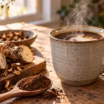 A warm cup of dark chicory coffee with roasted chicory root pieces beside it