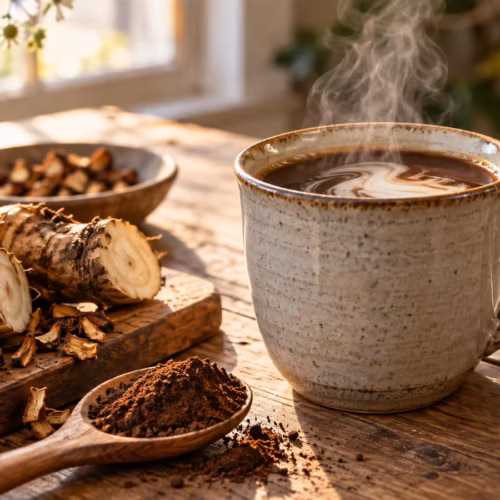 A warm cup of dark chicory coffee with roasted chicory root pieces beside it