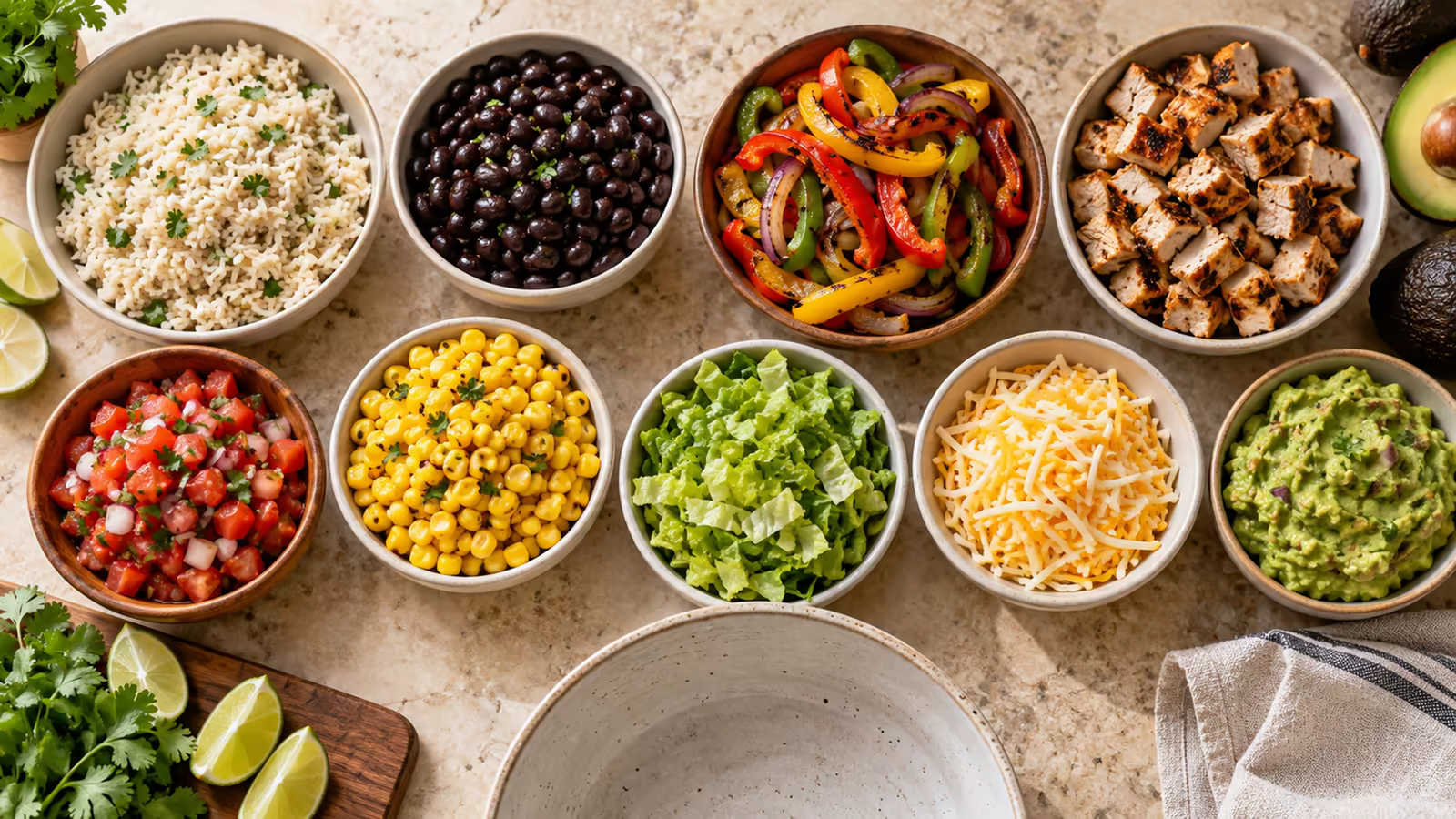 Rice, beans, vegetables, chicken, salsa, corn, lettuce, cheese, and guacamole arranged for a burrito bowl