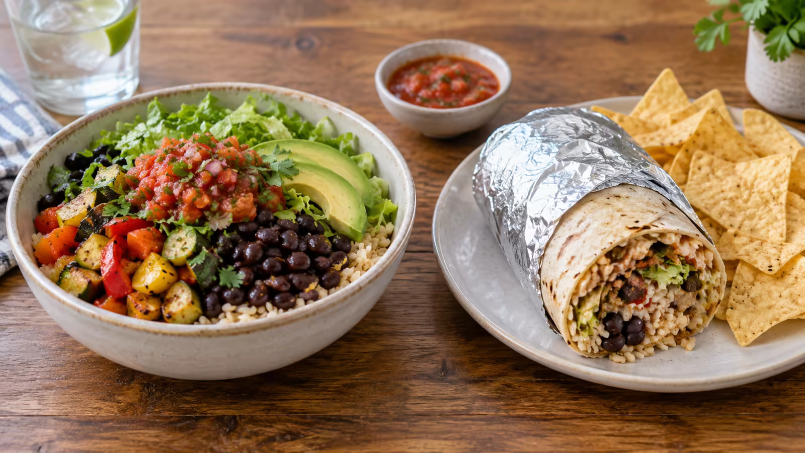 Vegetable and bean burrito bowl beside a large foil-wrapped burrito and chips