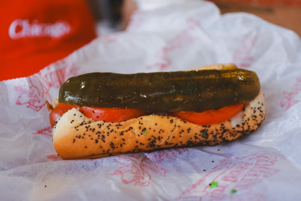 Chicago-style hot dog with green peppers and traditional toppings