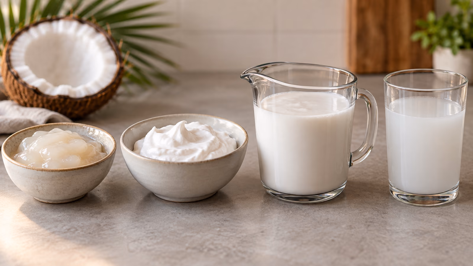 Open containers of cream of coconut, coconut cream, canned coconut milk, and carton coconut beverage