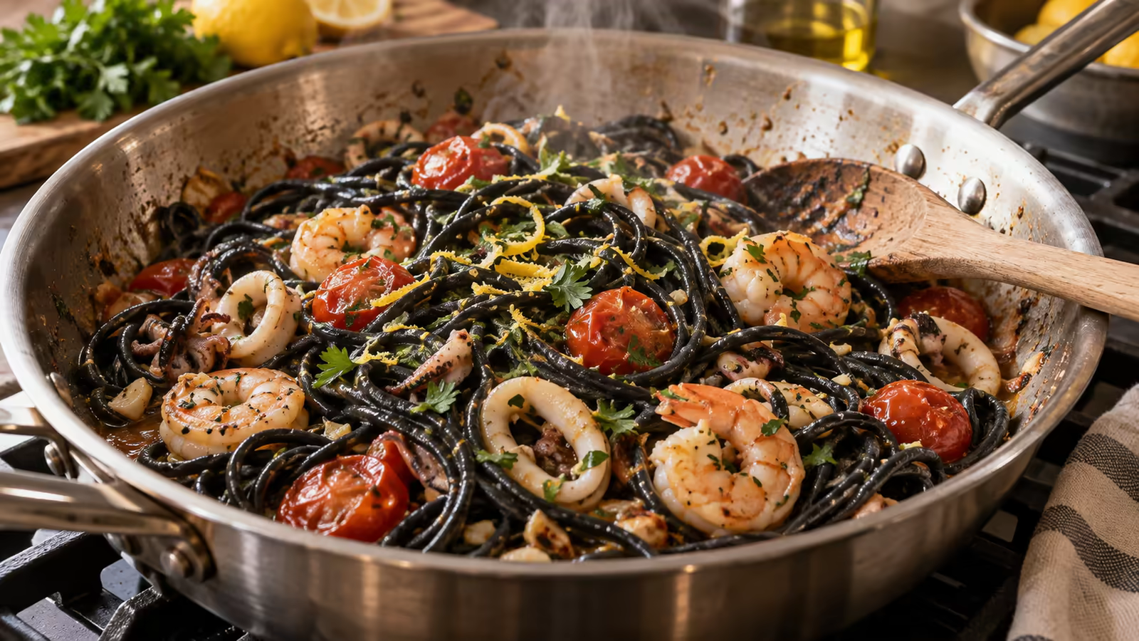 Squid ink pasta and seafood being tossed in a skillet with garlic and lemon