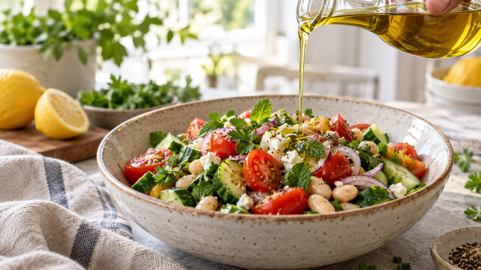 Extra virgin olive oil poured over a tomato, cucumber, bean, and herb salad