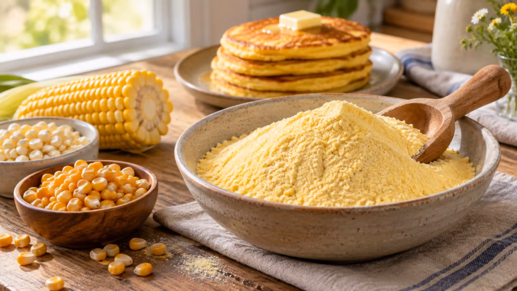 A ceramic bowl of fine yellow corn flour with corn kernels, an ear of corn, and corn-flour pancakes