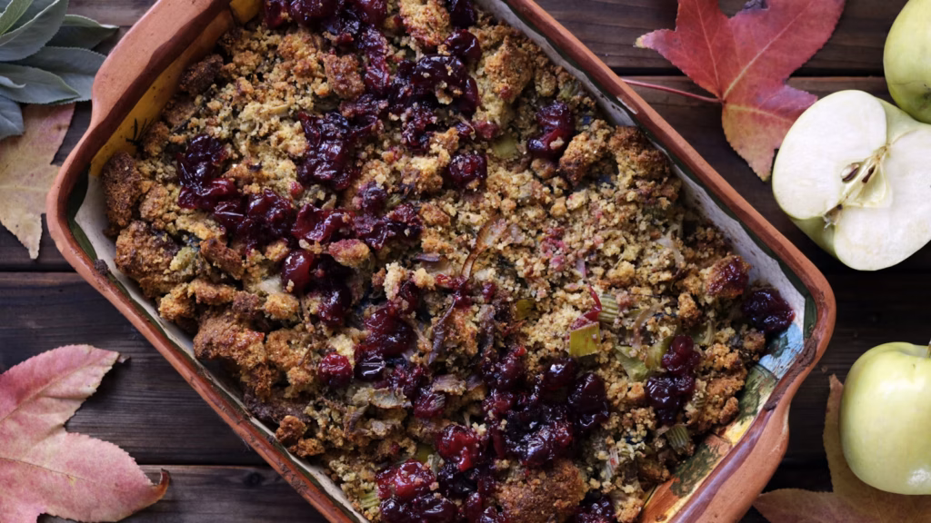 Cornbread dressing in a holiday serving dish