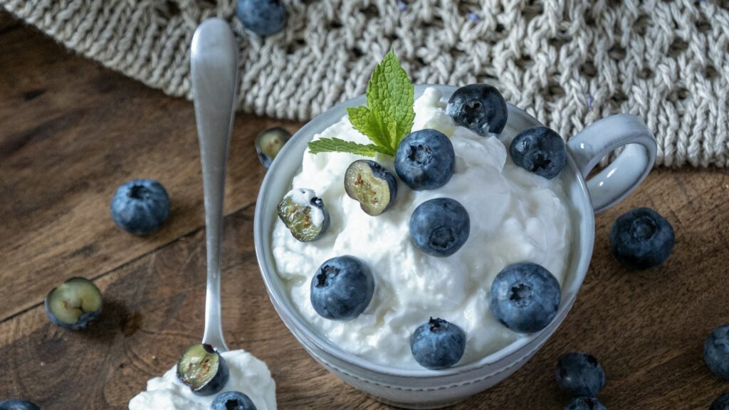 Bowl of cottage cheese with blueberries