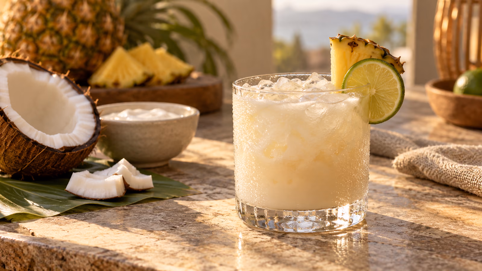 A small tropical coconut drink beside pineapple, lime, and a measured spoon of cream of coconut