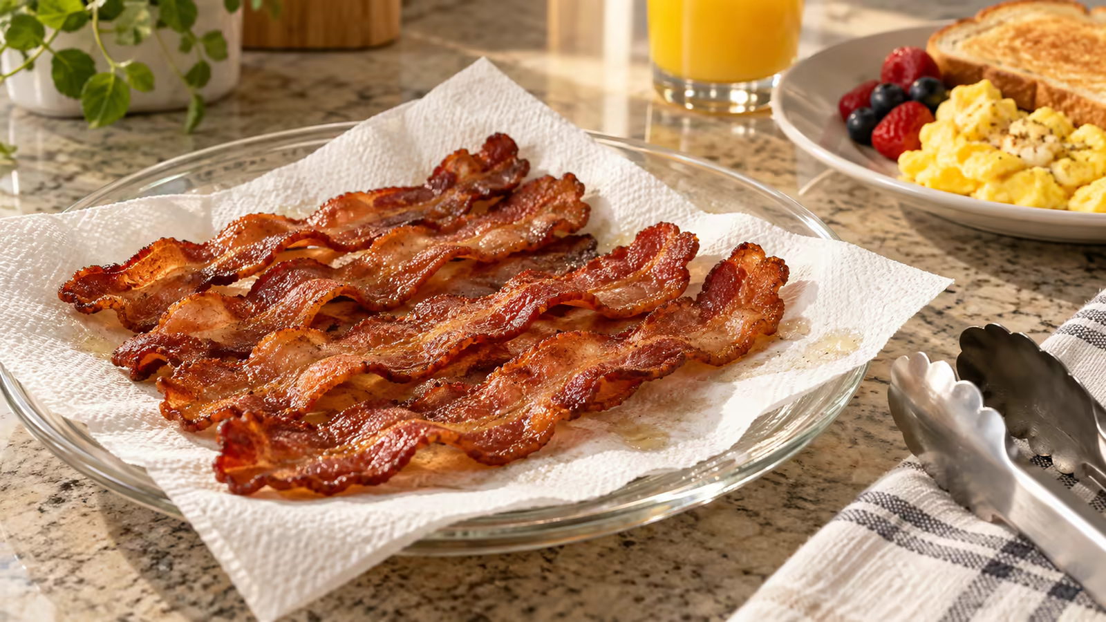 Freshly cooked crisp bacon draining on paper towels after microwaving