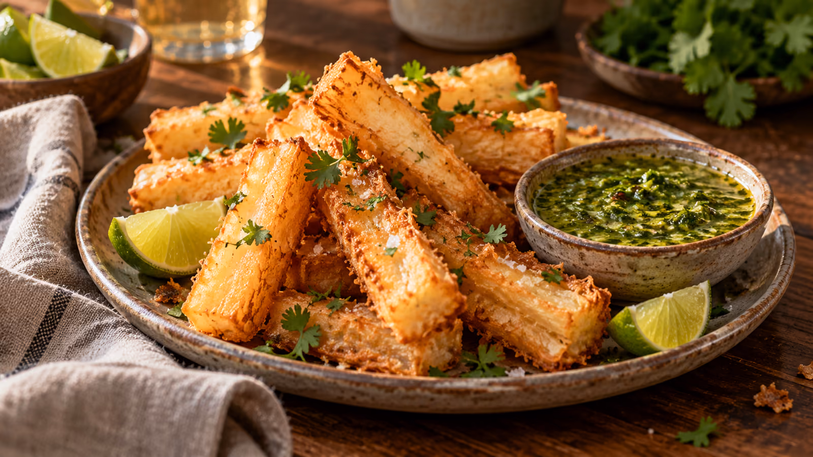 Crispy yuca fries served hot with lime wedges, herbs, and a creamy green dip