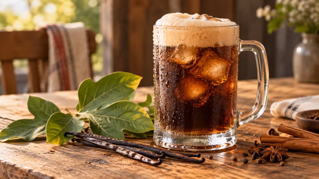 Chilled foamy glass of unbranded root beer with vanilla bean and warm spices