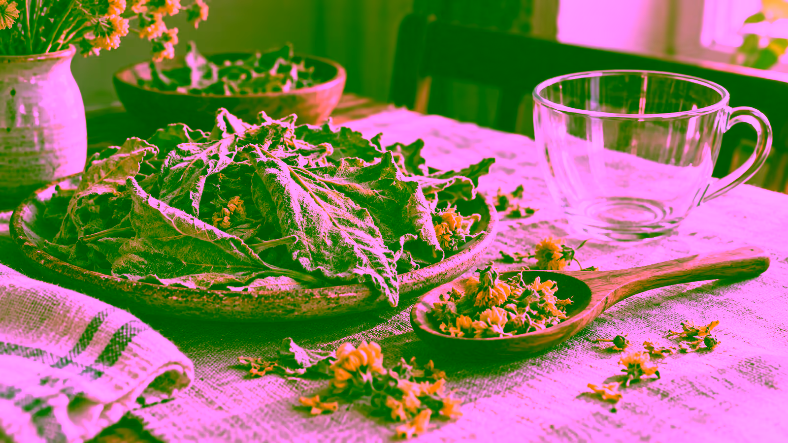 Dried fuzzy mullein leaves and yellow flowers beside an empty glass tea cup