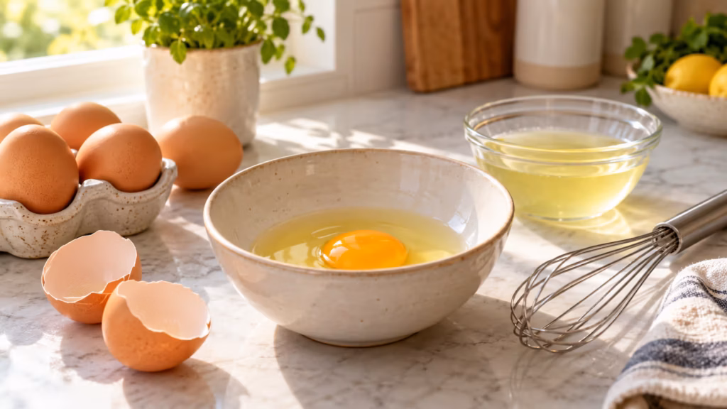 Fresh eggs, one cracked egg, and separated egg whites in bowls on a bright kitchen counter