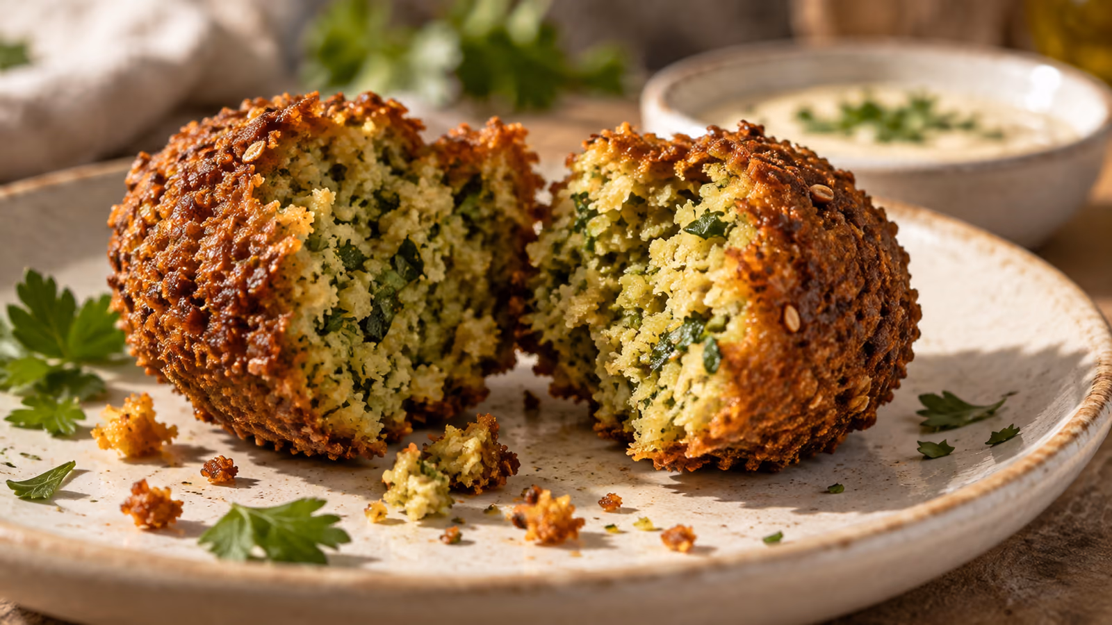 A falafel broken open to show its moist green herb and chickpea center