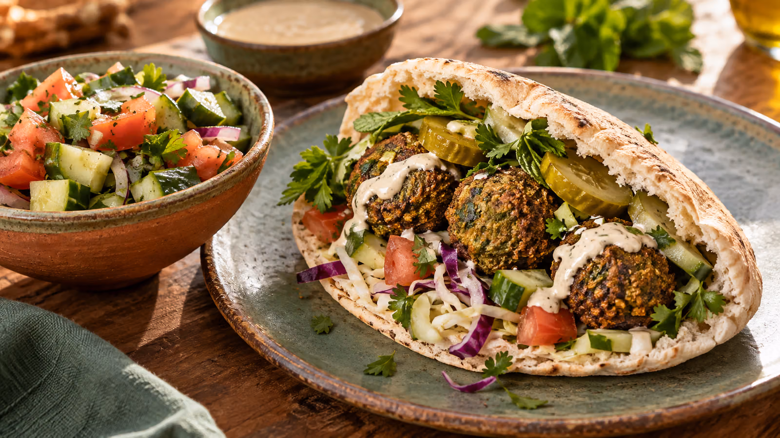 Falafel pita plate with chopped vegetables, pickles, tahini, and herbs