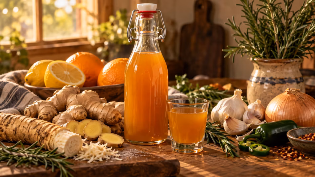 Amber fire cider in a glass bottle with ginger, citrus, garlic, and spices nearby