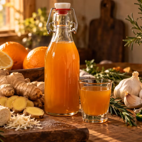 Amber fire cider in a glass bottle with ginger, citrus, garlic, and spices nearby