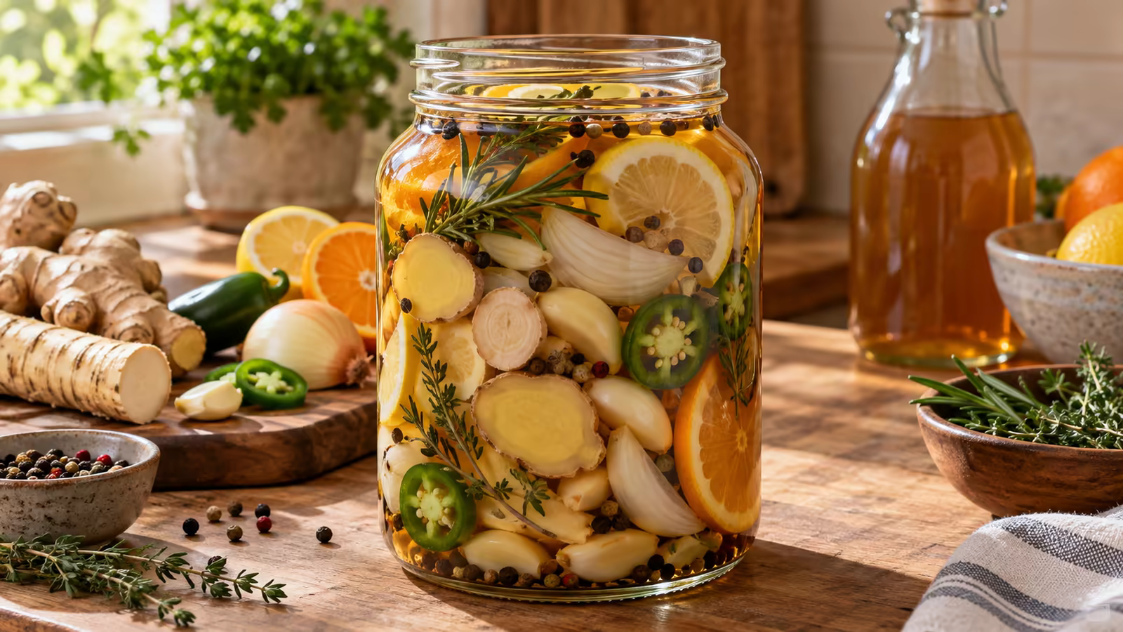 Sliced ginger, citrus, garlic, onion, and spices layered in a jar with apple cider vinegar