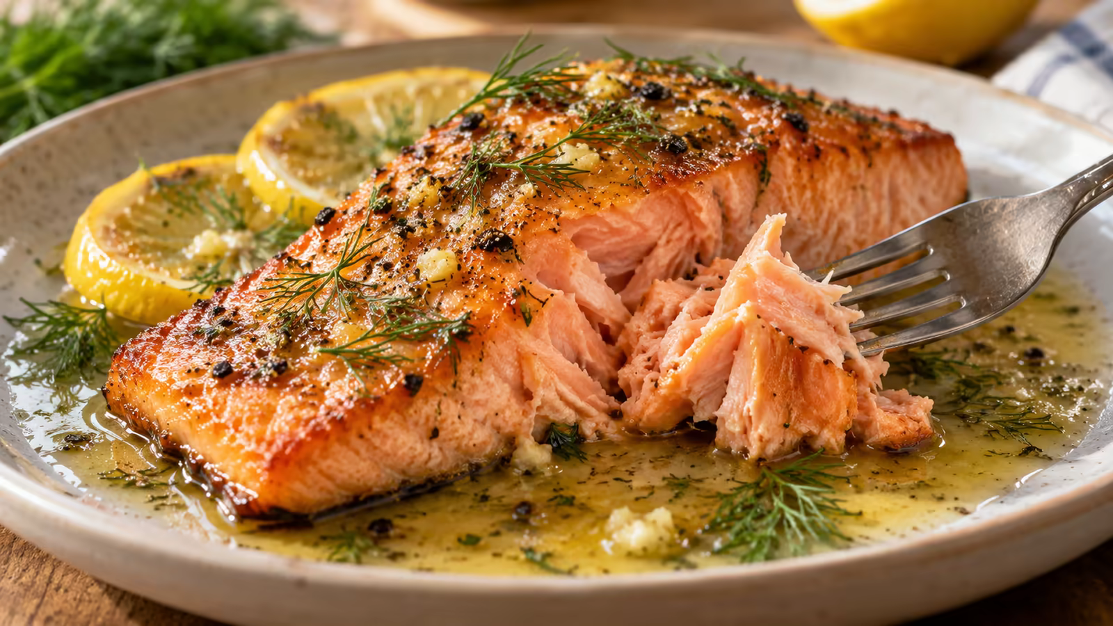 A fork gently separating moist flakes from a perfectly cooked salmon fillet