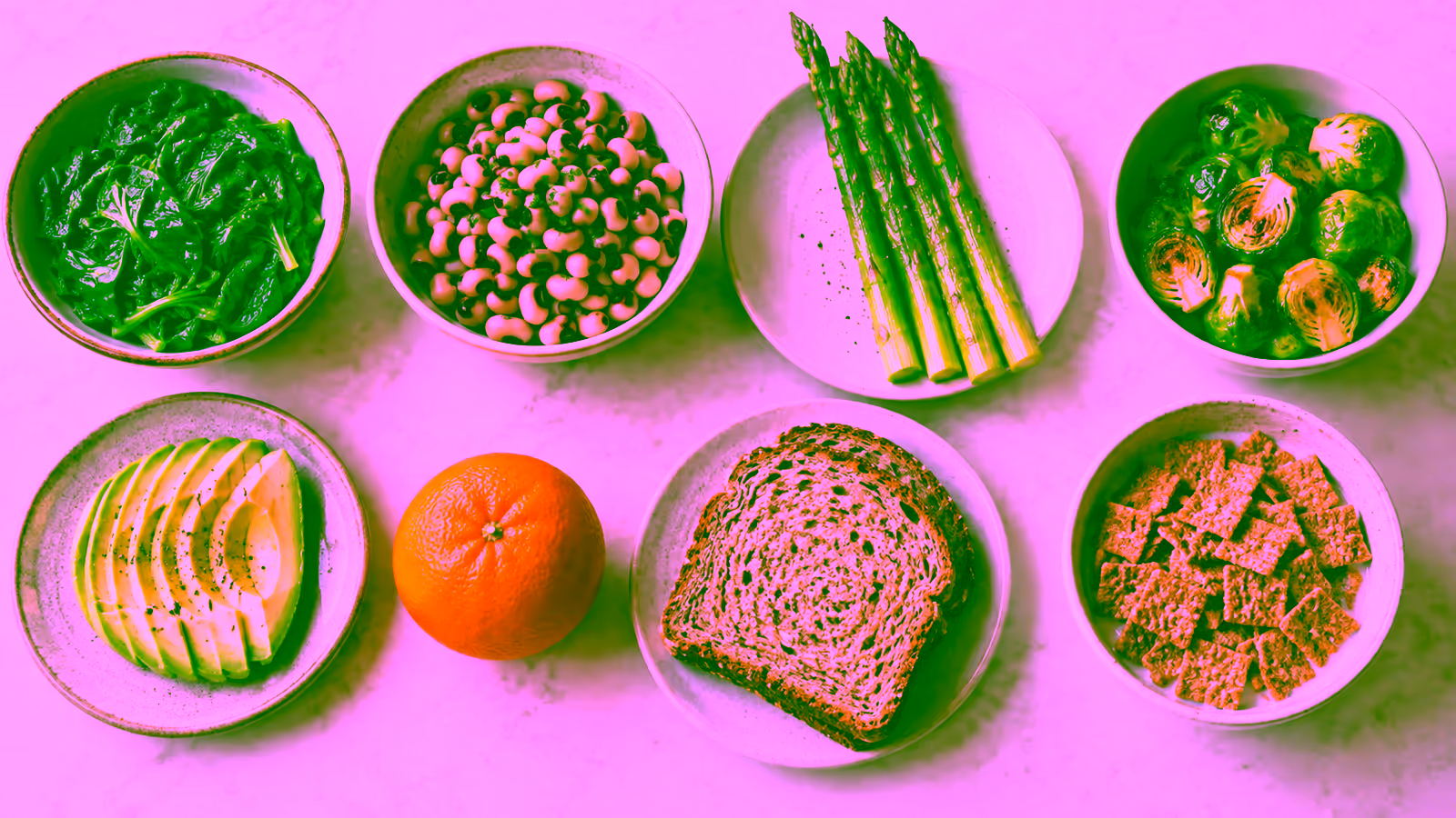 Spinach, asparagus, black-eyed peas, avocado, oranges, and enriched grain foods rich in folate