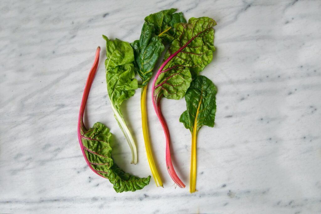 Fresh Swiss chard with colorful stems and green leaves