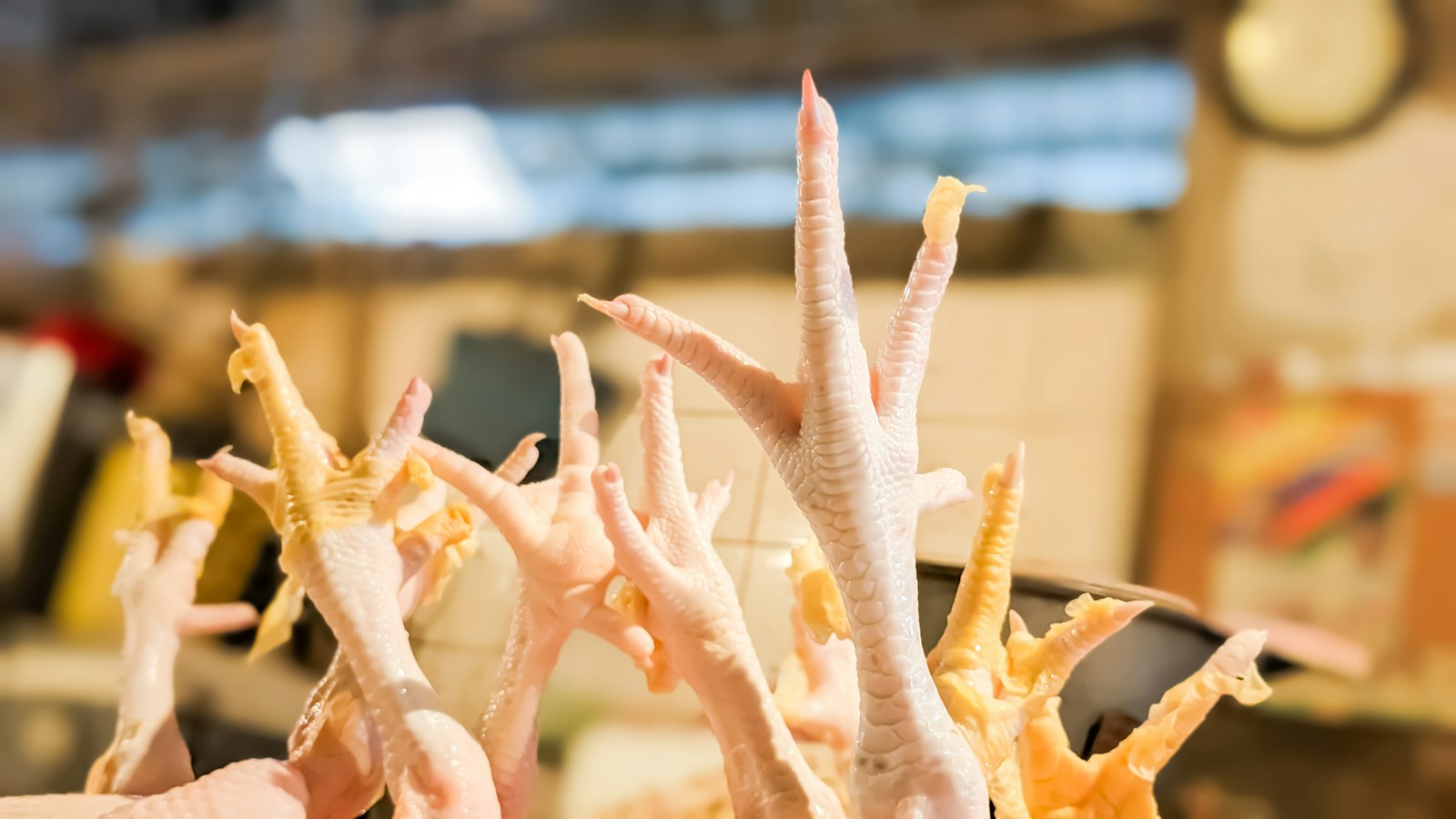 Fresh chicken feet at a traditional market